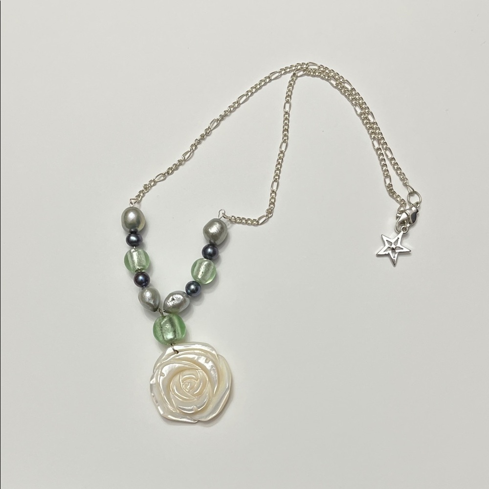 Elegant Pearl and Silver Necklace with Rose Pendant